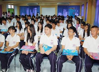 Students from Darasamut School listen intently to anti-drug messages from local city and police officials.
